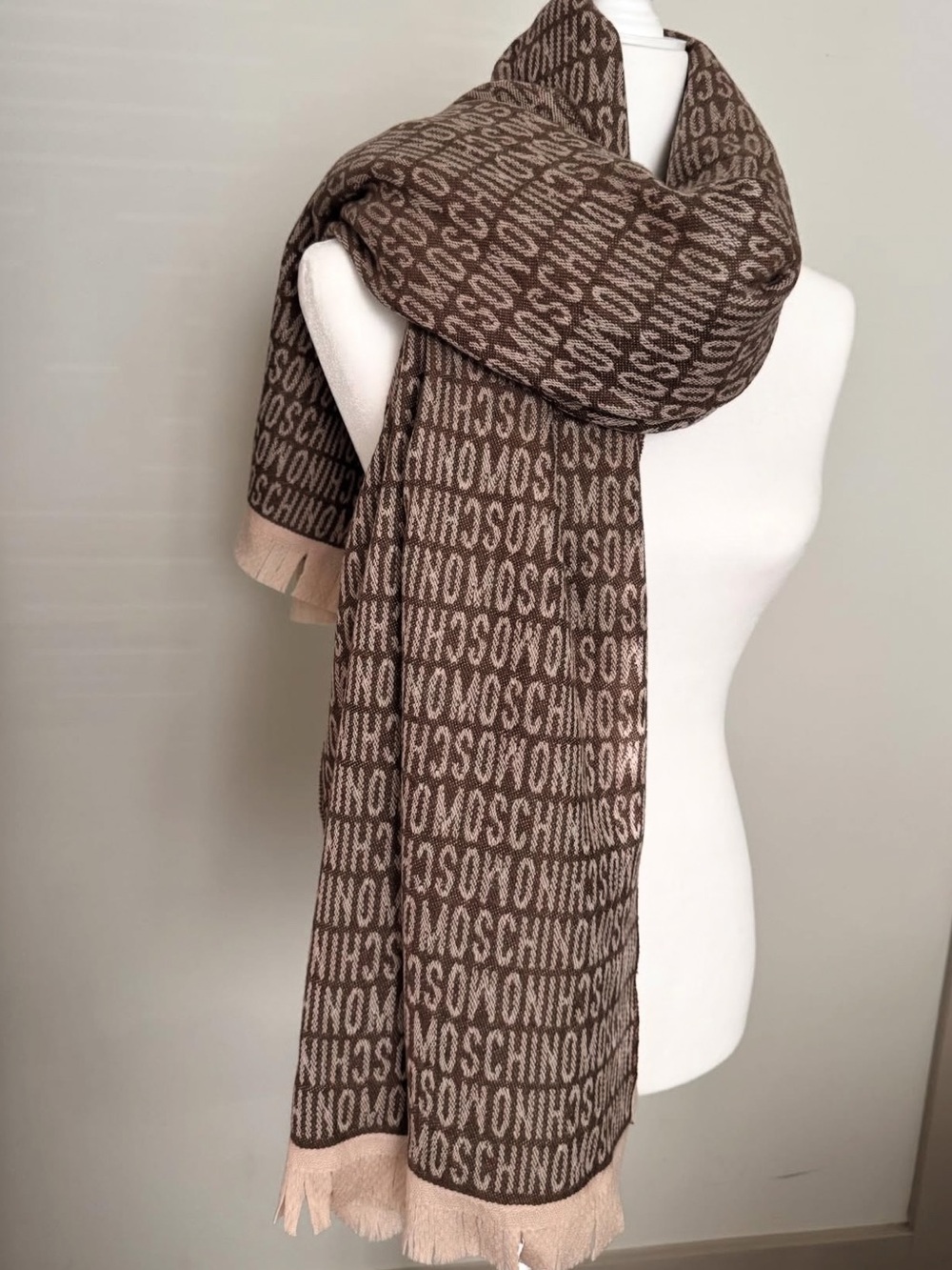 Moschino Brown and Beige Logo Jacquard Scarf